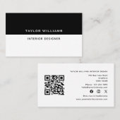 Carte De Visite Designer d'intérieur QR Code noir blanc médias soc (Devant / Derrière)