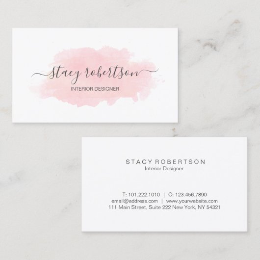 Carte De Visite Dessinateur d'intérieurs d'aquarelle rose moderne (Devant / Derrière)