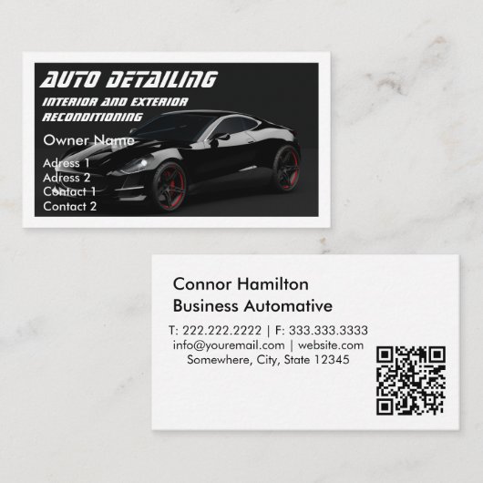 Carte De Visite Détail automatique Automotive Wash noir code qr (Devant / Derrière)
