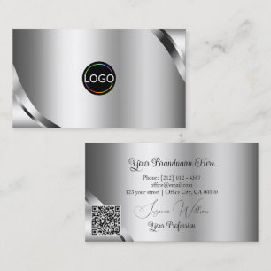 Carte De Visite Détails argentés scintillants avec logo et code QR