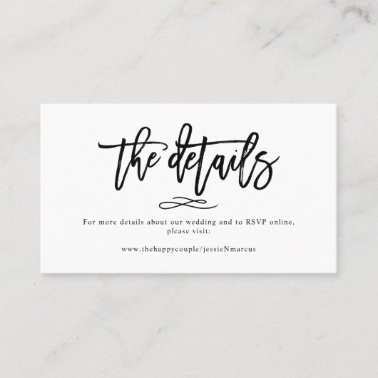 Carte De Visite Détails de mariage Chic+Modern Brush Script (Devant)