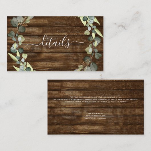 Carte De Visite Détails du mariage Eucalyptus Bois rustique Verdur (Devant / Derrière)