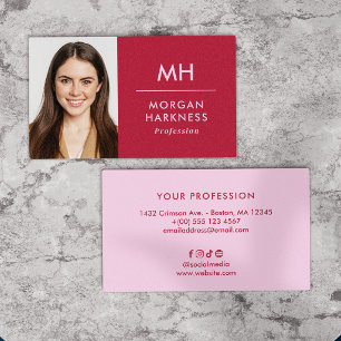 Carte De Visite Deux tons Rouge Rose Minimal Photo & Monogramme