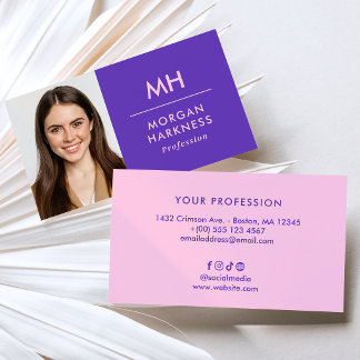 Carte De Visite Deux tons Violet Rose Minimal Photo & Monogramme