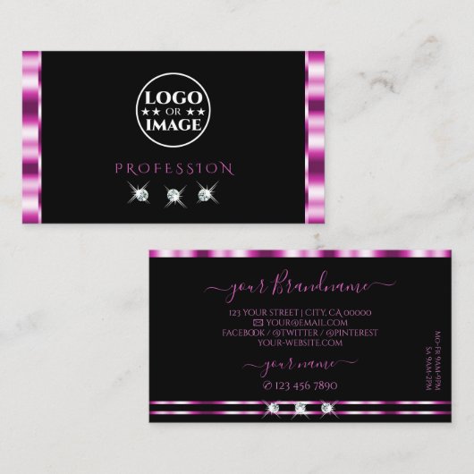 Carte De Visite Diamants de luxe rose et noir brillant avec logo (Devant / Derrière)