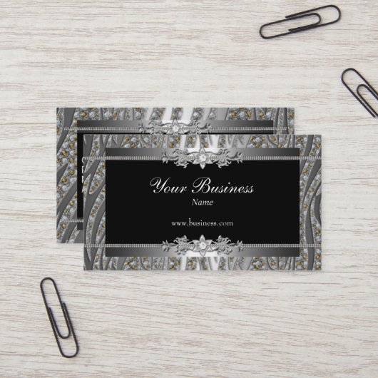 Carte De Visite Diamond Argent Noir Élégant Joyau Zèbre (Devant/Arrière en situation)
