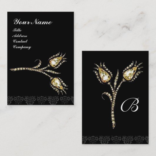 Carte De Visite DIAMONT TULIPS DAMASK MONOGRAM, noir & blanc (Devant / Derrière)