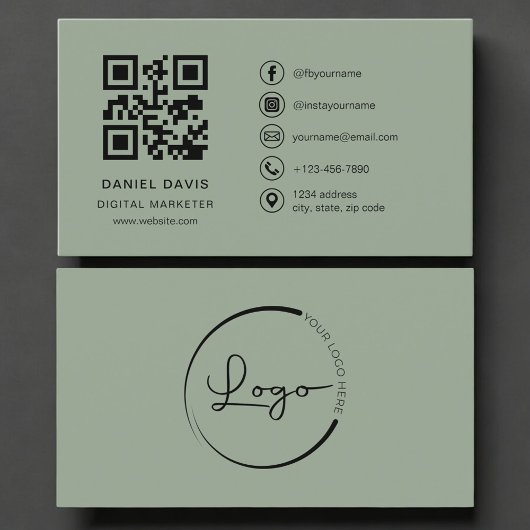 Carte De Visite Digital Marketer Sage Green Logo QR Code 