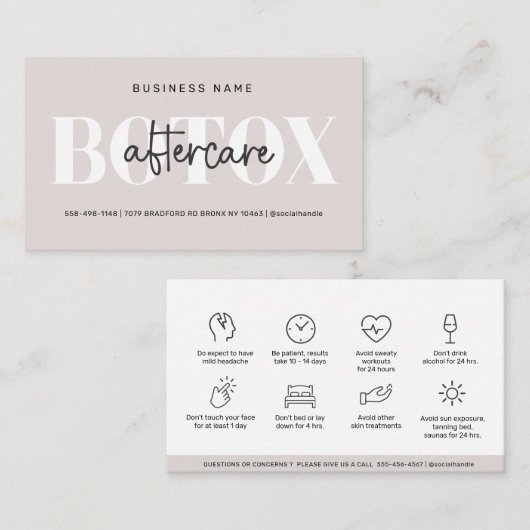 Carte de visite d'instructions de botox pour les s (Devant / Derrière)