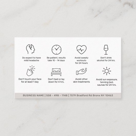 Carte de visite d'instructions de botox pour les s (Dos)