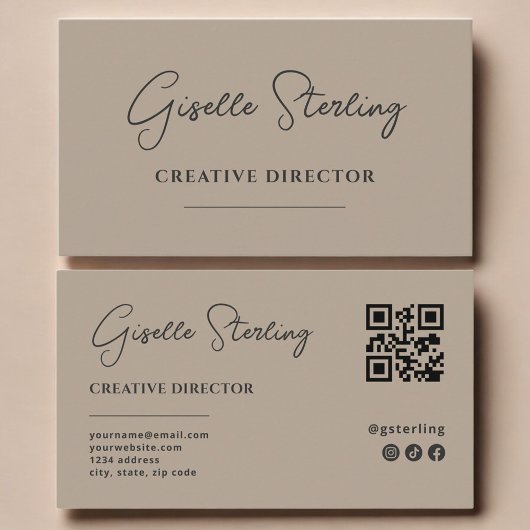 Carte De Visite Directeur de création Code QR Script Taupe Neutre