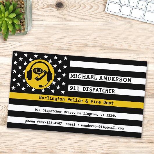 Carte De Visite Dispatcher American Flag 911 de la ligne d'or minc