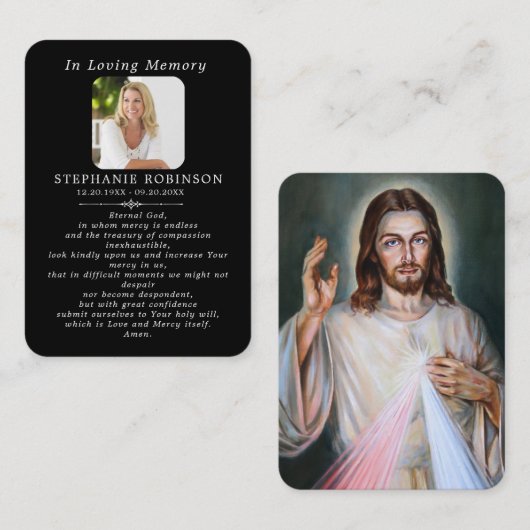 Carte De Visite Divine Mercy Catholic Funeral Black Prayer Card (Devant / Derrière)