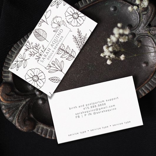 Carte De Visite Doodle floral Doula blanc Entraîneur de naissance