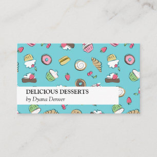 Carte De Visite Doodles de dessert turquoise   Boulangerie