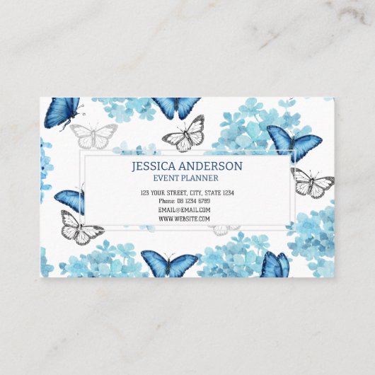 Carte De Visite Dreamy Blue Hydrangea et Butterfly Event Planner (Dos)
