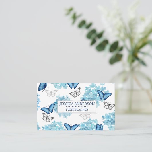 Carte De Visite Dreamy Blue Hydrangea et Butterfly Event Planner (Debout devant)
