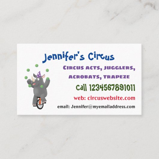 Carte De Visite Drôle rhinocéros mignon jonglant sur monocycle (Devant)