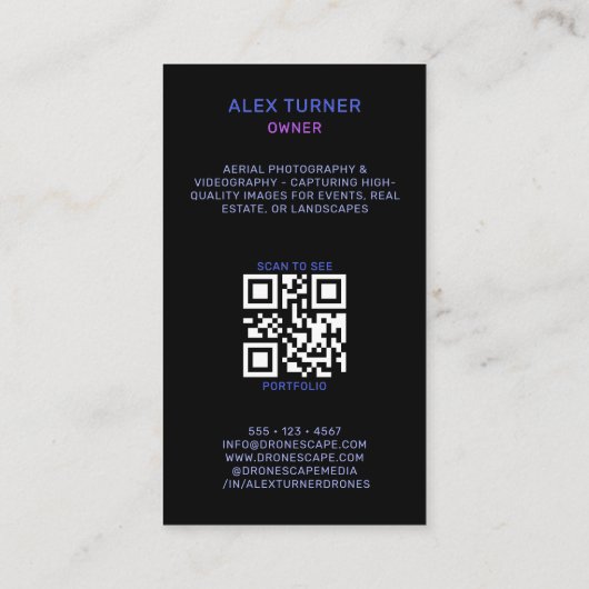 Carte De Visite Drone Pilot UAV Photographie QR Code moderne noir (Dos)