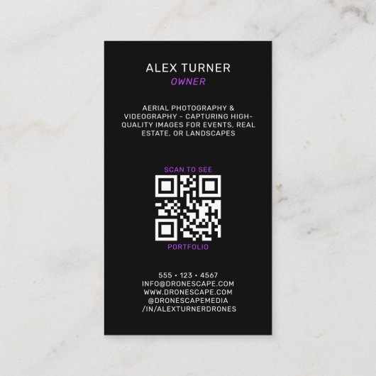 Carte De Visite Drone Pilot UAV Photographie QR Code moderne noir (Dos)