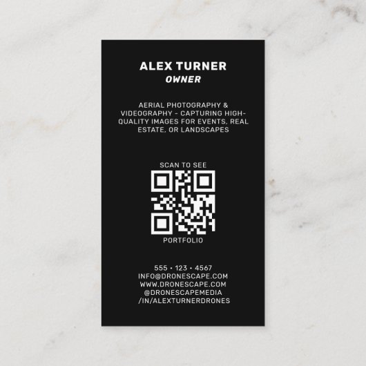 Carte De Visite Drone UAV Pilot Photographie QR Code moderne noir (Dos)