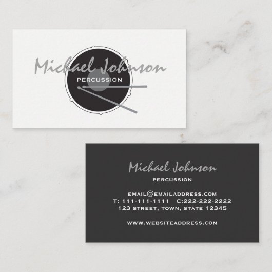 Carte De Visite Drums Drummer Percussion minima Black Music Cool (Devant / Derrière)