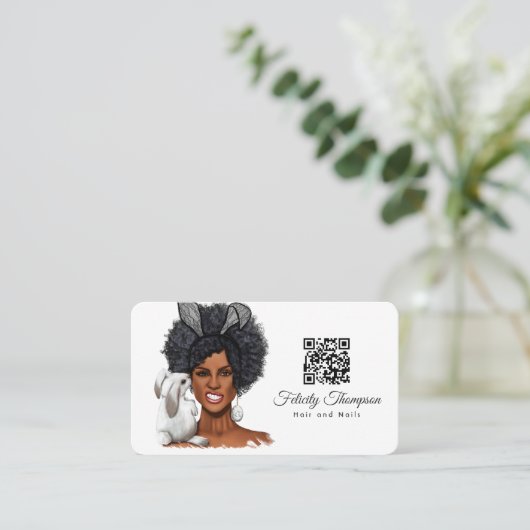 Carte de visite du code QR de Coiffeur afro-améric (Debout devant)