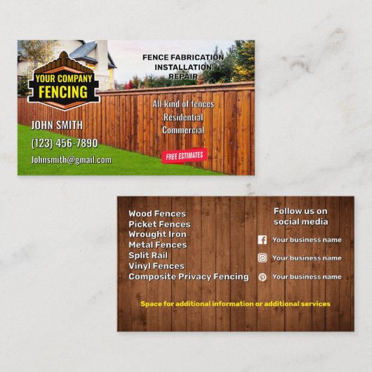 Carte de visite du service de clôture (Devant / Derrière)