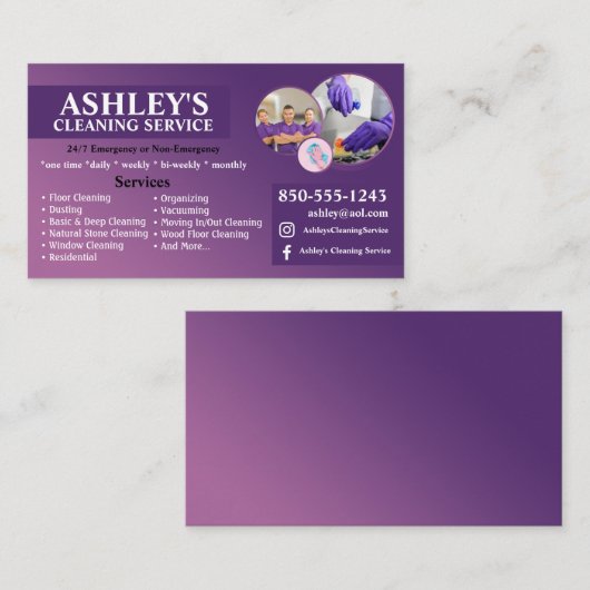 Carte de visite du service de nettoyage pourpre (Devant / Derrière)