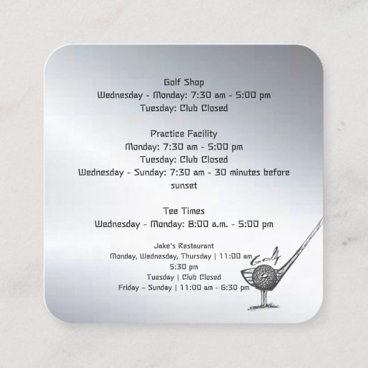 Carte de visite du terrain de golf (Dos)