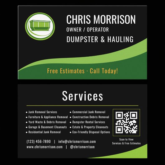 Carte De Visite Dumpster and Hauling QR Code Business Card