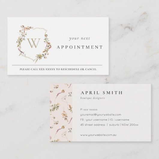 Carte De Visite Dusky rose Fleur sauvage Monogram Crest Nomination (Devant / Derrière)