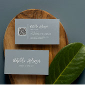 Carte De Visite Dusty bleu moderne script minimal QR CODE