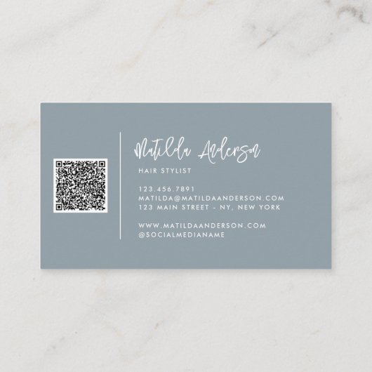 Carte De Visite Dusty bleu moderne script minimal QR CODE (Dos)