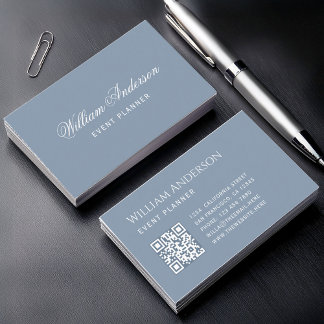 Carte De Visite Dusty Blue Simple QR Code and Calligraphy 