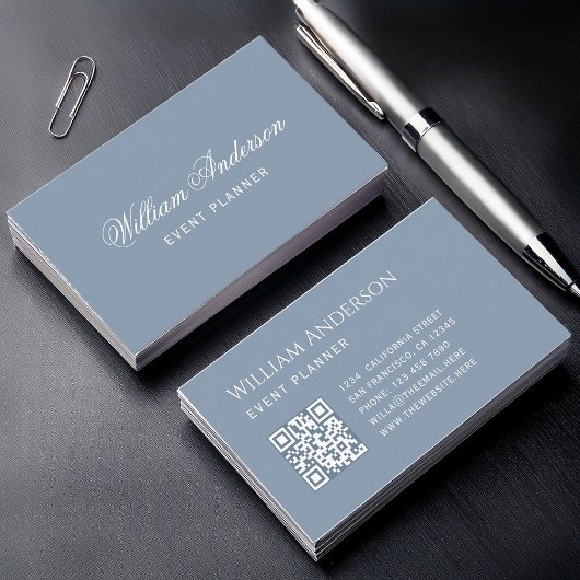 Carte De Visite Dusty Blue Simple QR Code and Calligraphy 