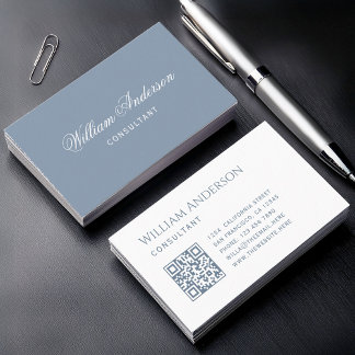Carte De Visite Dusty Blue White Simple QR Code and Calligraphy 