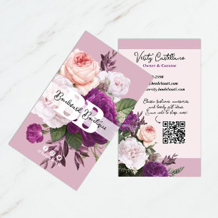 Carte De Visite Dusty Mauve Roses Vintages Floral Boutique QR Code