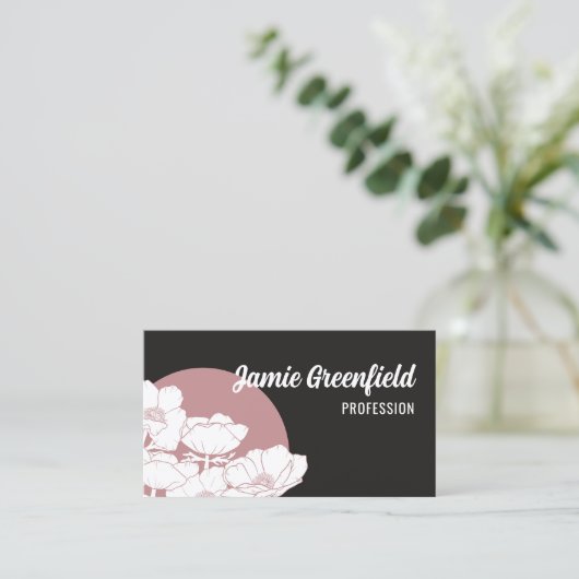 Carte De Visite Dusty rose Matte noir blanc Anemones Line Art (Debout devant)