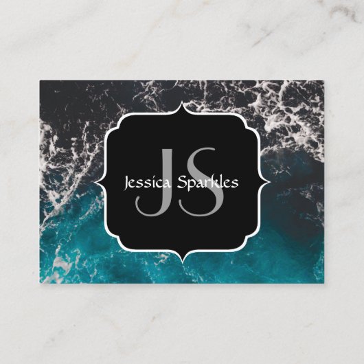 Carte De Visite Eau sombre noir bleu mousse ondulée Monogramme (Dos)