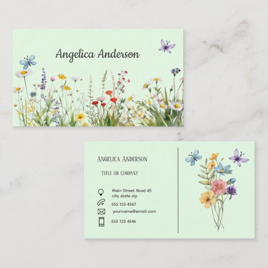 Carte De Visite Eau vert clair feminine Fleur sauvage prairie (Devant / Derrière)