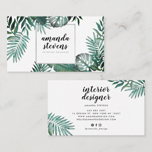 Carte De Visite Eau verte tropicale blanche argentée chic (Devant / Derrière)