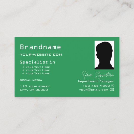 Carte De Visite Echecboard vert et blanc avec Monogramme et photo (Dos)