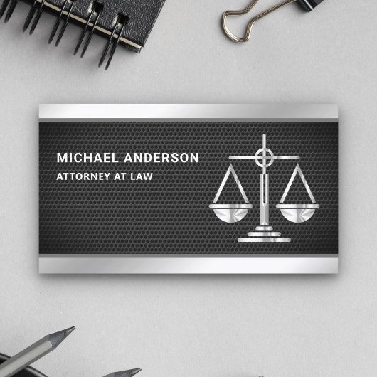Carte De Visite Échelle de justice en maille noire argentée Avocat