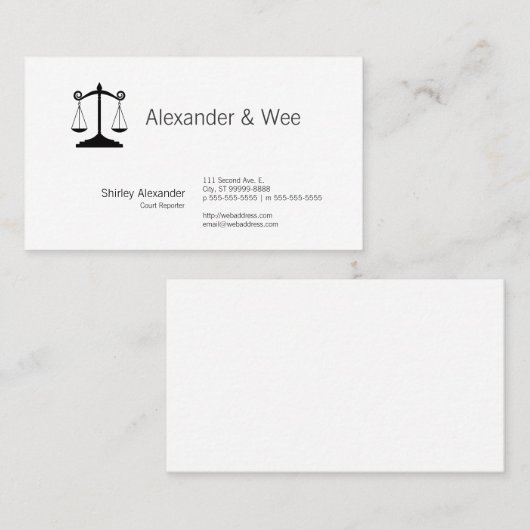 Carte De Visite Échelles de sténographe judiciaire de justice (Devant / Derrière)
