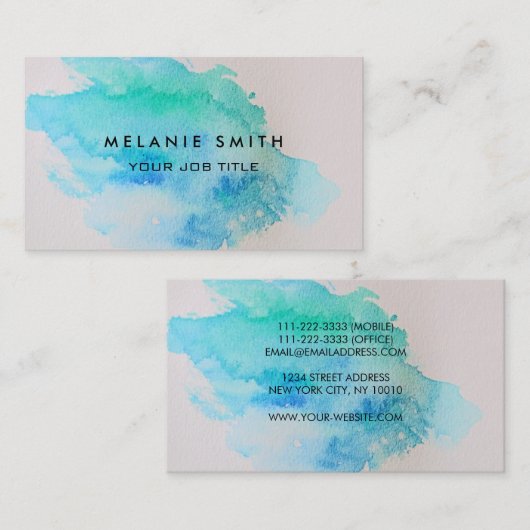 Carte De Visite Éclaboussure turquoise moderne d'aquarelle de vert (Devant / Derrière)