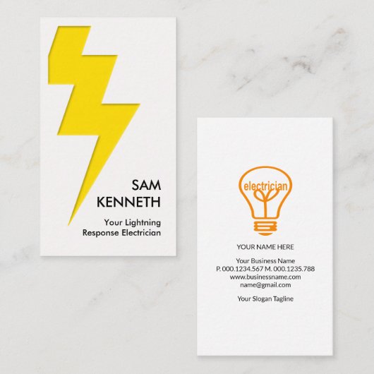 Carte De Visite Éclairage jaune Éclair Électricien blanc (Devant / Derrière)