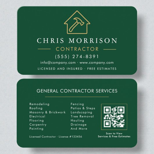 Carte De Visite Eco General Construction Modern Green Gold QR Code
