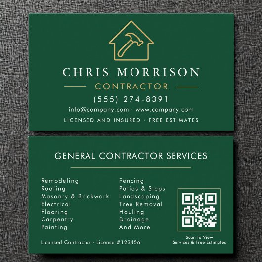 Carte De Visite Eco General Construction Moderne Vert Or QR Code