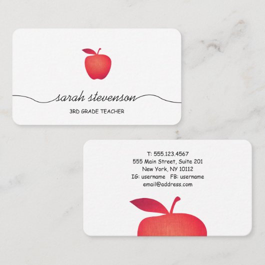 Carte De Visite École élémentaire Red Apple Enseignant simple Blan (Devant / Derrière)